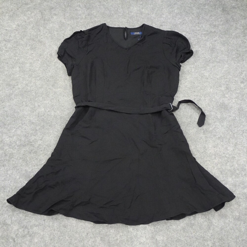 Polo Ralph Lauren Dress Womens 12 Black Lined Short Sleeve Belted Blue Label C